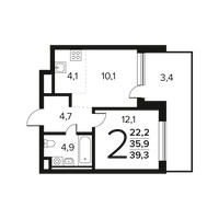 Планировка двухкомнатной(квартира) площадью 39.3 квадратных метров в “Новые Ватутинки. Заречный”