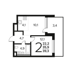 Планировка двухкомнатной(квартира) площадью 39.3 квадратных метров в ЖК “Новые Ватутинки. Заречный”
