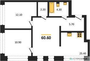 Планировка двухкомнатной(квартира) площадью 60.6 квадратных метров в “ЖК Дом А”