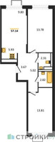Планировка двухкомнатной(квартира) площадью 57.14 квадратных метров в “ЖК Пятницкие луга”