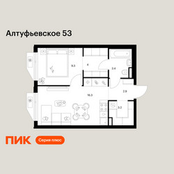 Планировка однокомнатной(квартира) площадью 39.1 квадратных метров в ЖК “ЖК Алтуфьевское 53”