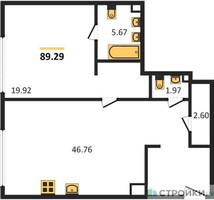 Планировка однокомнатной(апартаменты) площадью 89.4 квадратных метров в “ЖК CULT (Культ)”
