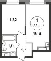 Планировка однокомнатной(квартира) площадью 38.1 квадратных метров в “ЖК Первый Московский”