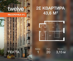 Планировка двухкомнатной(квартира) площадью 43.6 квадратных метров в “ЖК Твелв”