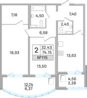 Планировка двухкомнатной(квартира) площадью 73 квадратных метров в “ЖК Дом‐Мегалит в Королёве”