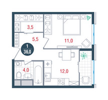 Планировка однокомнатной(квартира) площадью 36 квадратных метров в “ЖК РУСИЧ-Кантемировский”