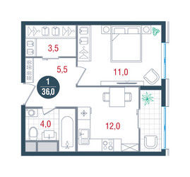 Планировка однокомнатной(квартира) площадью 36 квадратных метров в ЖК “ЖК РУСИЧ-Кантемировский”
