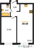 Планировка однокомнатной(квартира) площадью 39.59 квадратных метров в “ЖК Квартал Тетрис”