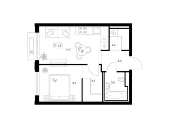 Планировка однокомнатной(квартира) площадью 37.1 квадратных метров в ЖК “ЖК Зеленый парк”