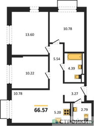 Планировка трехкомнатной(квартира) площадью 66.57 квадратных метров в “ЖК Новое Внуково”