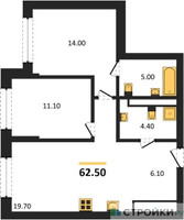 Планировка двухкомнатной(квартира) площадью 62.5 квадратных метров в “Архитектурный проект U2 (ЮТУ)”