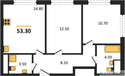 Планировка двухкомнатной(квартира) площадью 53.3 квадратных метров в ЖК “ЖК Сиреневый парк”