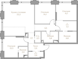 Планировка трехкомнатной(квартира) площадью 111 квадратных метров в “ЖК Коллекция Лужники”