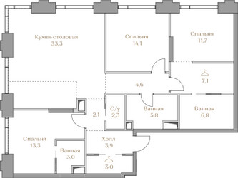 Планировка трехкомнатной(квартира) площадью 111 квадратных метров в ЖК “ЖК Коллекция Лужники”