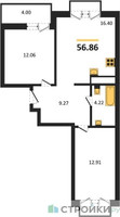 Планировка двухкомнатной(квартира) площадью 56.86 квадратных метров в “ЖК ВОСТОК II”