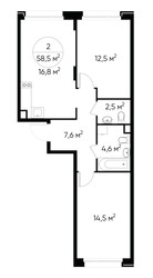Планировка двухкомнатной(квартира) площадью 58.5 квадратных метров в ЖК “ЖК Переделкино Ближнее”