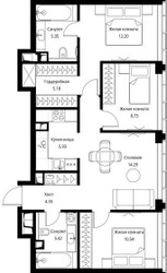 Планировка трехкомнатной(квартира) площадью 73.72 квадратных метров в ЖК “ЖК Сити Бэй”