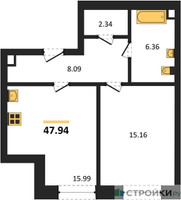 Планировка однокомнатной(квартира) площадью 47.94 квадратных метров в “ЖК Sezar City (Сезар Сити)”