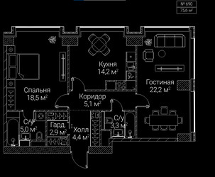 Планировка двухкомнатной(квартира) площадью 75.6 квадратных метров в ЖК “ЖК СЕЗАР БУДУЩЕЕ”