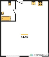 Планировка однокомнатной(апартаменты) площадью 54.5 квадратных метров в “ЖК Nametkin Tower (Наметкин Тауэр)”