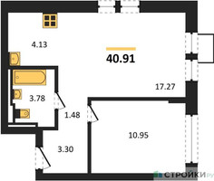 Планировка однокомнатной(квартира) площадью 40.91 квадратных метров в “ЖК Квартал Ивакино”