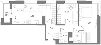 Планировка трехкомнатной(квартира) площадью 67.4 квадратных метров в ЖК “ЖК Аквилон Beside 2.0”