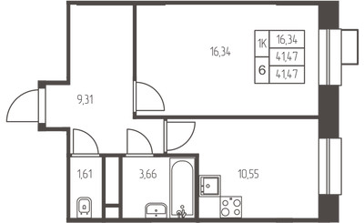 Планировка однокомнатной(квартира) площадью 41.5 квадратных метров в ЖК “ЖК Новая Ивантеевка”
