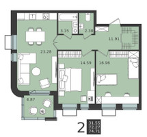 Планировка двухкомнатной(квартира) площадью 74.71 квадратных метров в “ЖК Мишино-2”