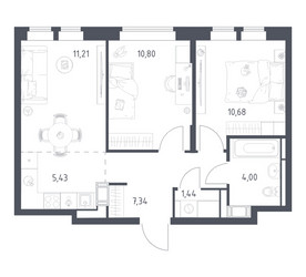 Планировка двухкомнатной(квартира) площадью 50.9 квадратных метров в ЖК “ЖК Большое Путилково”