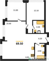 Планировка двухкомнатной(квартира) площадью 69.5 квадратных метров в “ЖК Мангазея в Богородском”