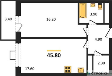 Планировка однокомнатной(квартира) площадью 44.4 квадратных метров в ЖК “ЖК Идеал”