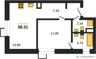 Планировка однокомнатной(апартаменты) площадью 38.51 квадратных метров в “ЖК N’ICE LOFT (Найс Лофт)”