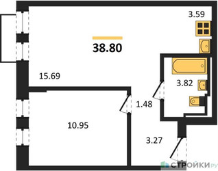 Планировка однокомнатной(квартира) площадью 38.8 квадратных метров в ЖК “ЖК Рублевский Квартал”