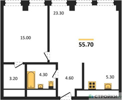 Планировка однокомнатной(апартаменты) площадью 55.7 квадратных метров в “ЖК Emotion (Эмоушен)”