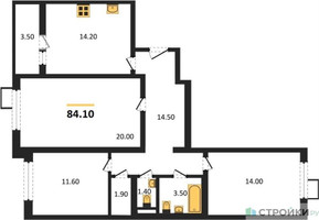 Планировка трехкомнатной(квартира) площадью 84.1 квадратных метров в “ЖК ЮЖНАЯ БИТЦА”