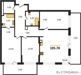 Планировка трехкомнатной(квартира) площадью 105.7 квадратных метров в ЖК “ЖК Portland (Портланд)”