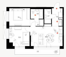 Планировка двухкомнатной(квартира) площадью 58 квадратных метров в “ЖК Плеханова 11”