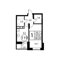 Планировка однокомнатной(квартира) площадью 38.4 квадратных метров в “ЖК Космос”