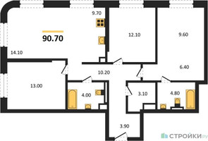 Планировка трехкомнатной(квартира) площадью 90.7 квадратных метров в “ЖК STONE Sokolniki (Сокольники)”