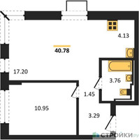 Планировка однокомнатной(квартира) площадью 40.78 квадратных метров в “ЖК Молжаниново”