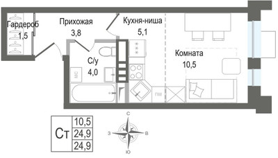 Планировка студии(квартира) площадью 24.9 квадратных метров в ЖК “ЖК КИНОКВАРТАЛ”