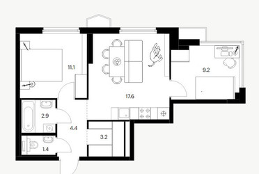 Планировка двухкомнатной(квартира) площадью 49.8 квадратных метров в ЖК “ЖК Бусиновский парк”