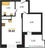 Планировка однокомнатной(квартира) площадью 39.62 квадратных метров в “ЖК ВОСТОК II”