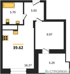 Планировка однокомнатной(квартира) площадью 39.62 квадратных метров в ЖК “ЖК ВОСТОК II”