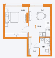 Планировка однокомнатной(квартира) площадью 35.13 квадратных метров в “ЖК Страна.Парковая”
