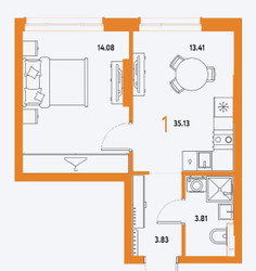 Планировка однокомнатной(квартира) площадью 35.13 квадратных метров в ЖК “ЖК Страна.Парковая”
