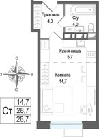 Планировка студии(квартира) площадью 28.7 квадратных метров в “ЖК КИНОКВАРТАЛ”