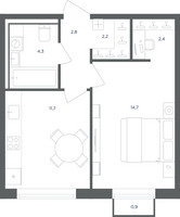 Планировка однокомнатной(квартира) площадью 38.4 квадратных метров в “ЖК Равновесие”