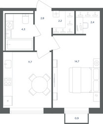 Планировка однокомнатной(квартира) площадью 38.4 квадратных метров в ЖК “ЖК Равновесие”