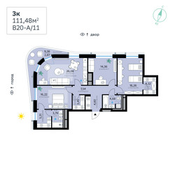 Планировка трехкомнатной(квартира) площадью 111.48 квадратных метров в ЖК “СберСити в Рублево-Архангельском”